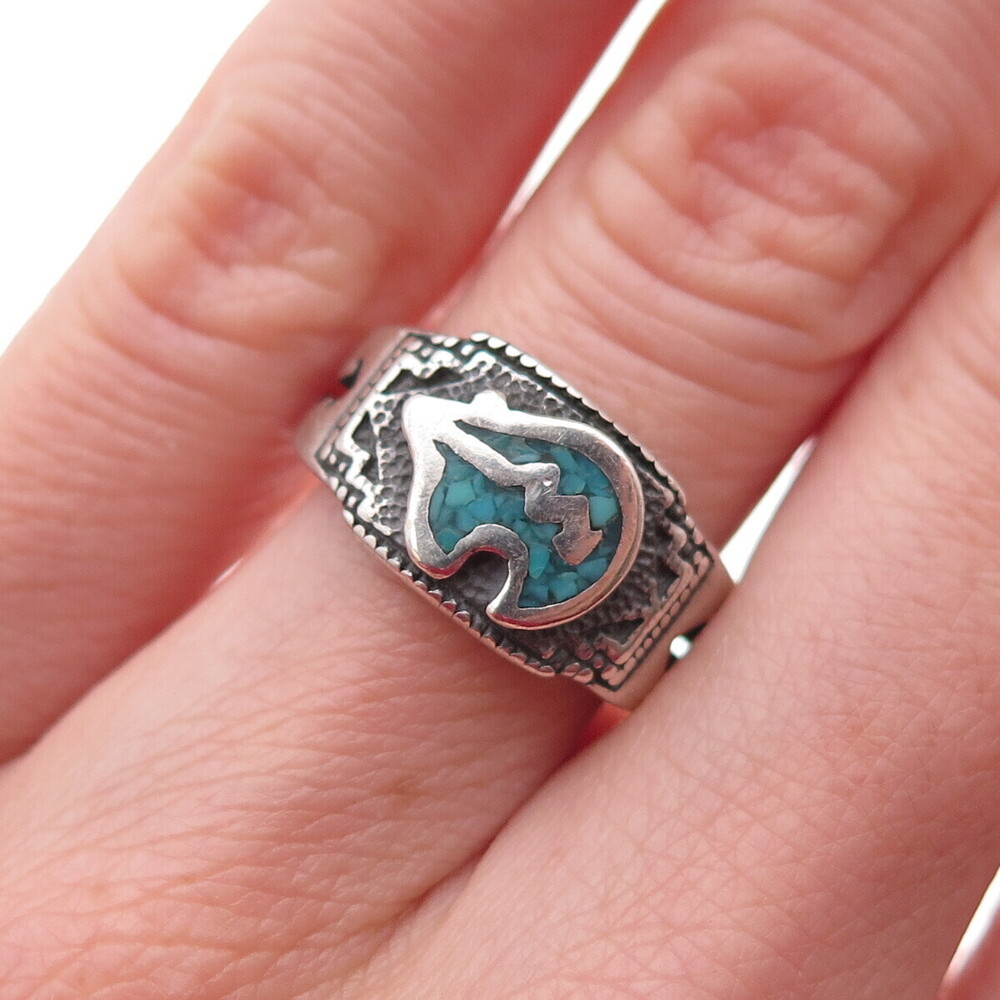 Shube Old Pawn 925 Sterling Vintage Turquoise Inlay Native Bear Ring Size 5.25
